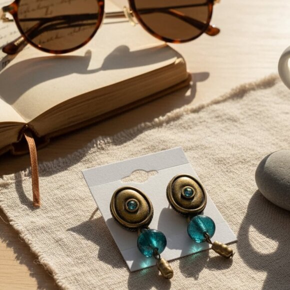 Chicos Gold and Teal Blue Earrings - Picture 1 of 4